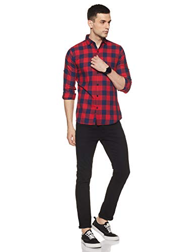Image of Men's Red Cotton Full Sleeve Checkered Casual Shirt