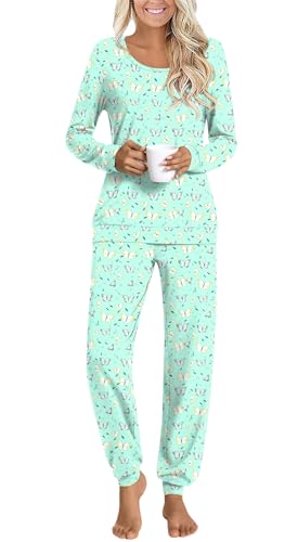 HOTGIFT Womens Pajamas Sets, 2 Piece Lounge Pjs Set Long Sleeve Long Pant Ladies Sleepwear with Pockets Green Butterfly Small