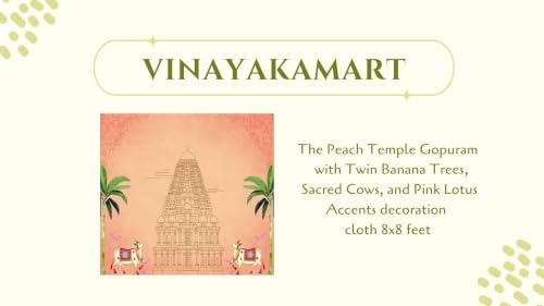 Image of Pooja Backdrop Temple Design | The Peach Temple Gopuram with Twin Banana Trees, Sacred Cows, and Pink Lotus Accents Decoration Cloth 8x8 feet | varalakshmi Pooja Background Decoration Cloth