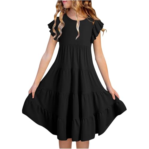 Girls Summer Dresses Flowy A-Line Tiered Ruffle Boho Casual Midi Dress with Flutter Sleeves for Kids (Black, 6-7 Years)