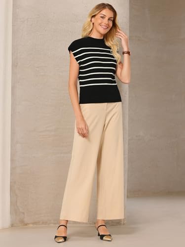 Women's Cap Sleeve Sweater Vest Mock Neck Striped Print Casual Ribbed Knit Pullover Tops3