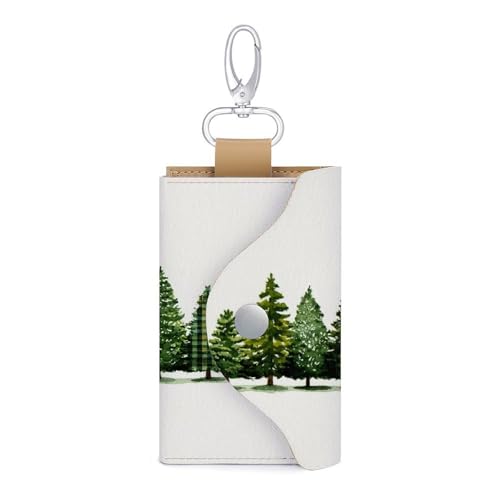Row of Christmas Trees Country Plaid Key Holder Bag PU Leather ID Card Holder Keychains Case Cover for Men Women
