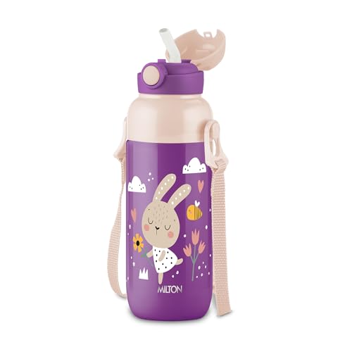Image of Milton Steel Indus 400 Thermoware PU Insulated, 390 ml Water Bottle with Straw for Kids, Leak Proof Flip Top Sipper Lid Bottle, School, Picnic, Easy to Carry Belt, Purple