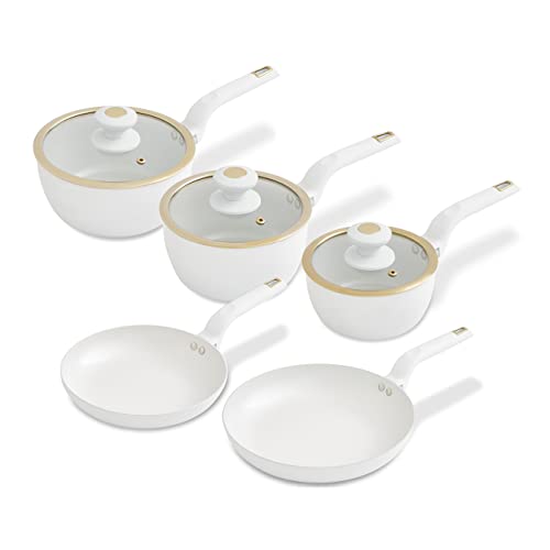 Tower T800232WHT Cavaletto 5 Piece Cookware Set with 16cm, 18cm, 20cm Saucepans and 24cm, 28cm Non-Stick Frying Pans, White & Champagne Gold