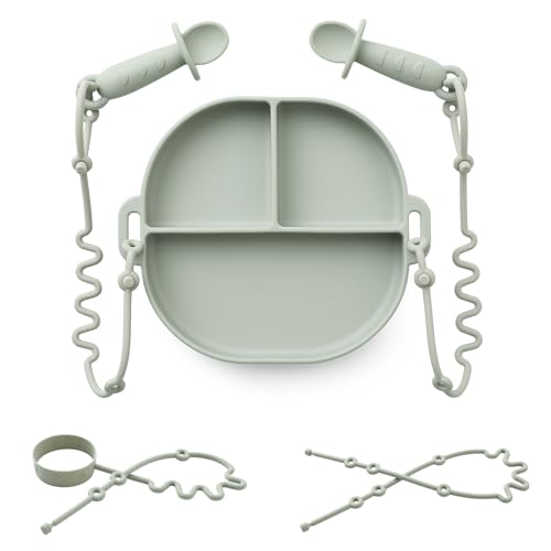 Andy Bear Silicone Plates for Babies with Suction Divided Baby Spoons Silicone Baby Toy Straps All-in-one Plates Silicone Placemat for Babies Toddlers Attachable Tethers & Built-in Suction Cups-Sage