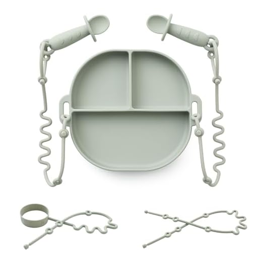 Andy Bear Silicone Plates for Babies with Suction Divided Baby Spoons Silicone Baby Toy Straps All-in-one Plates Silicone Placemat for Babies Toddlers Attachable Tethers & Built-in Suction Cups-Sage