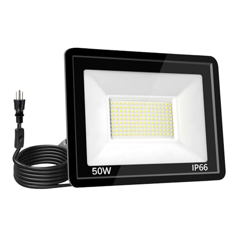 CowySun 50W LED Flood Light Outdoor 6500K Daylight White,12000LM Super Brighter LED Work Light,IP66 Waterproof Security Light with Switch and Plug for Garage, Garden, Yard, Stadium