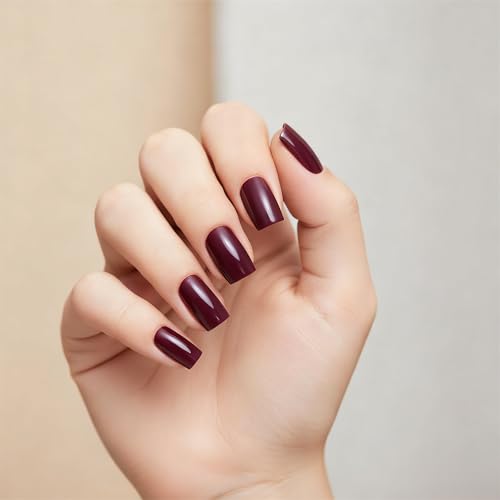 Elegant Deep Burgundy Glossy Press On Nails, Classic Square Short