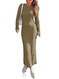 Wenrine Womens Sweater Maxi Dress Long Sleeve Knit Ribbed Crew Neck Slim Fit Casual Fall Long Dresses Camel