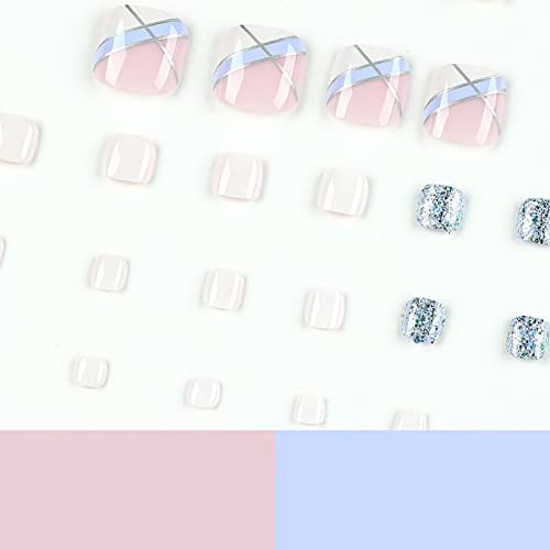 Clataly 24pcs Square Flowers Fake Toenails Glossy Glitter Press on Toe Nails Short Acrylic False Toes Nails Artificial Toenail for Women Girls (F) - Image 4