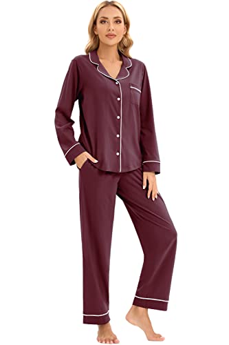 Image of LUBOT 100% Cotton Pajamas for Women PJ Set Soft Long Sleeve Button-Down Shirt 2 PC Set Warm Sleepwear Loungewear Night Suit (Burgundy, 2XL)
