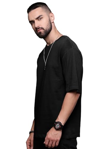 Image of LEOTUDE Half Sleeve Oversized Tshirt for Men, Round Neck Cottonblend Drop Shoulder Solid T-Shirt (Color Multicolor)