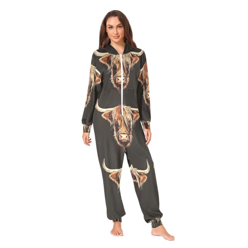 RPLIFE Highland Cow Head Adult Onesie Pajamas, Soft Hooded One Piece Loungewear with Zipper for Men Women, Highland Cow Head, 3XL