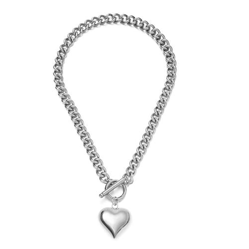 Stainless Steel Puffy Heart Pendant Statement Chunky Toggle Necklace for Women Thick Statement Chain Link Necklaces