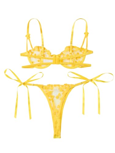 Image of Lilosy Sexy Tie Side Cute Underwire Push Up Strappy Embroidered Mesh Sheer Lingerie Set
