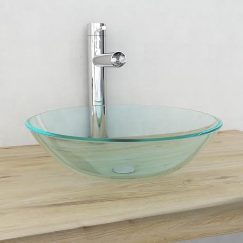 Homgoday 42 cm Clear Tempered Glass Washbasin, Countertop Washbasin, Bathroom Sink for Toilet, Locker Rooms, Guest Toilet
