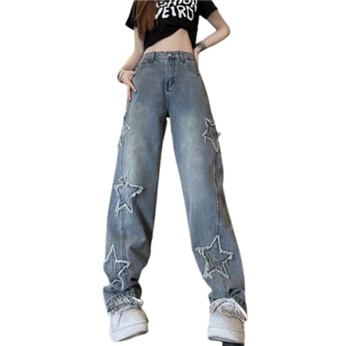 Y2K High Waisted Jeans for Women - Grunge Star Graphic Cargo Pants, Wide Leg Jeans Casual Streetwear