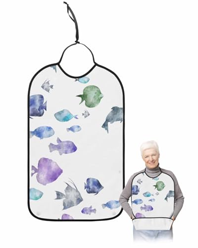 LEOKOTI Coastal Fish Adult Bibs for Eating, Waterproof Bibs with Food Catcher & Adjustable Snap Closure, Watercolor Summer Beach Nautical Sea Washable Clothing Protectors Adult Bibs for Elderly