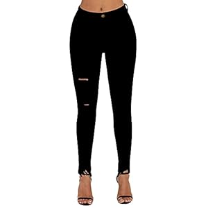 roswear-Womens-Ripped-Mid-Rise-Frayed-Hem-Denim-Stretchy-Skinny-Jeans roswear Women's Ripped Mid Rise Frayed Hem Denim Stretchy Skinny Jeans Black M