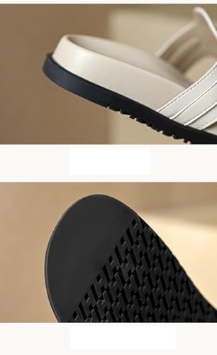 Women's Thick Soled Leather Sandals with Clipped Toes, Fashionable and Casual Buckle Flat Slippers(Apricot,5)4