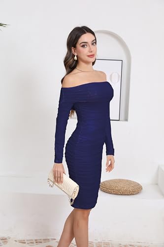 Image of Fooullaide Women's Sexy Off Shoulder Sleeveless Bodycon Ruched Midi Dress | Stretchy, Breathable, Mesh, Not See-Through, Elegant,Formal Gown, Cocktail, Evening, Party, Night Out Tube Dresses
