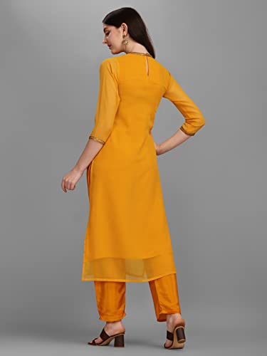 Image of Hritika Women Yellow Solid Seqiun Embroidered Faux Georgette Readymade Salwar Suit Set [S Size] (HRKB0070YELW S)