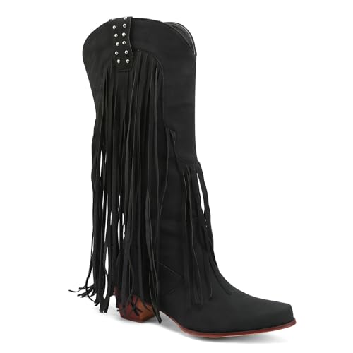 Image of KiutSymo Mid Calf Fringe Boots For Women Cowboy Pointed Toe Chunky Heels Cowgirl Western Tassel Boots