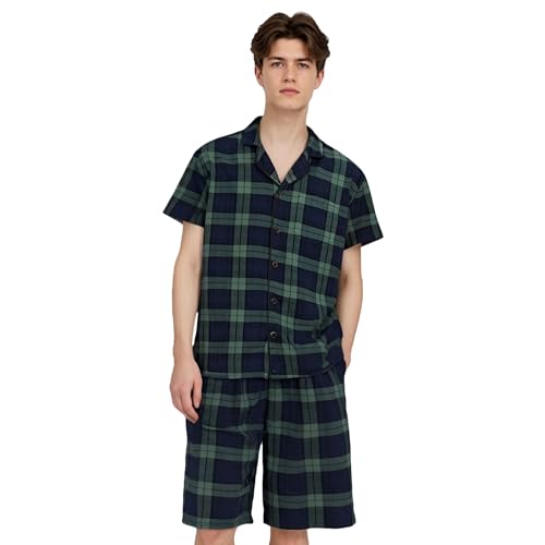 LANBAOSI Mens Pajamas Set Short Sleeve Button Down Shirts Shorts Plaid PJ Set Soft Lounge Set Sleepwear