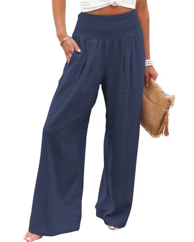 LOAIHA Cotton Linen Blend High Waisted Wide Leg Palazzo Pants for Women