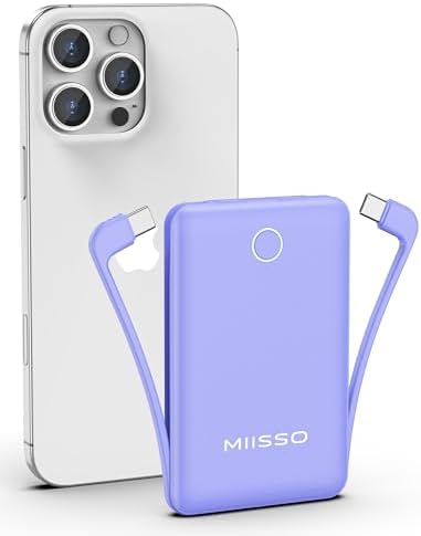 miisso 10000mAh Compatible with iPhone 15/16/17 and Android, Slim Portable Charger with Built in Cable, Power Bank Travel Charger External Battery Pack for Phone, 3 Output USB Type C Cord, Purple