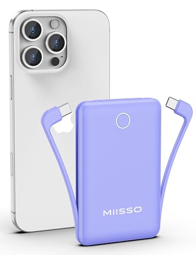 miisso 10000mAh Compatible with iPhone 15/16/17 and Android, Slim Portable Charger with Built in Cable, Power Bank Travel Charger External Battery Pack for Phone, 3 Output USB Type C Cord, Purple