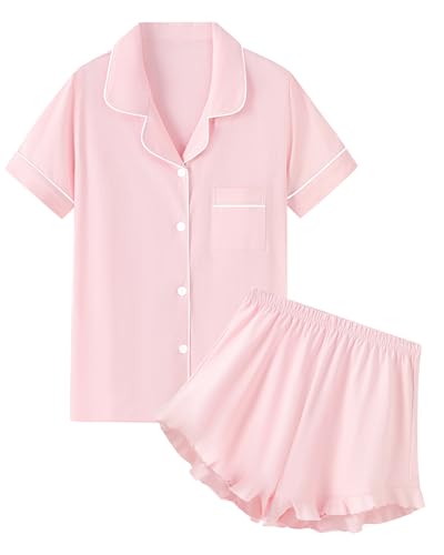 QZH.DUAO ガールズパジャマセット 綿100% 寝間着 ボタンダウン 半袖 フリル付きショーツ 2ピース PJS 5-14, ベビーピンク, Largeの商品画像（Amazon）