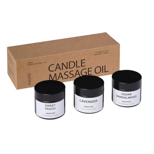 Lot de 3 bougies de massage à la cire de soja - Huile de massage relaxante à basse température - 50 g x 3 (Pêche sucrée + Lavande + Bois de teck, de...