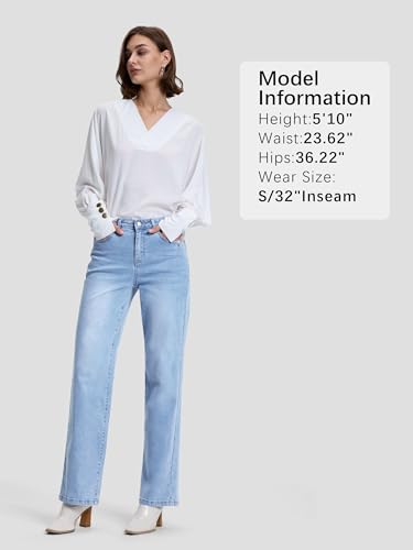 SEVEGO Women's 32"/34"/36" Tall Straight Leg Jeans Mid Waisted Stretchy Loose Denim Pants Casual Baggy Jean Trousers 32'', Light Blue, M - image 7
