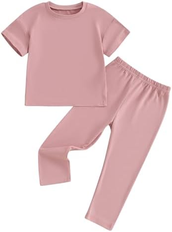 Twopumpkin Toddler Girl Outfits Little Girl Summer Clothes Short Sleeve Ribbed T Shirts Top + Bell Bottoms Baisc Clothing Set