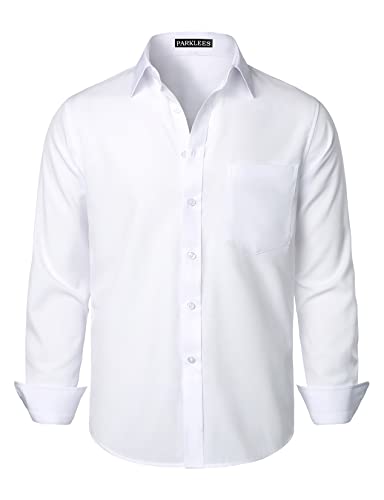 PARKLEES Chemise habillée pour homme coupe classique unie sans plis manches longues décontractée business boutonnée avec poche, blanc, L