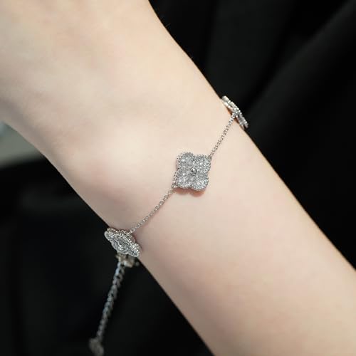 Aura & lrena Elegant Platinum Plated Four-Leaf Clover Bracelet – Adjustable Lucky Charm Bracelet with 3A Cubic Zirconia – Women’s Delicate Jewelry for Wedding, Anniversary & Gift2