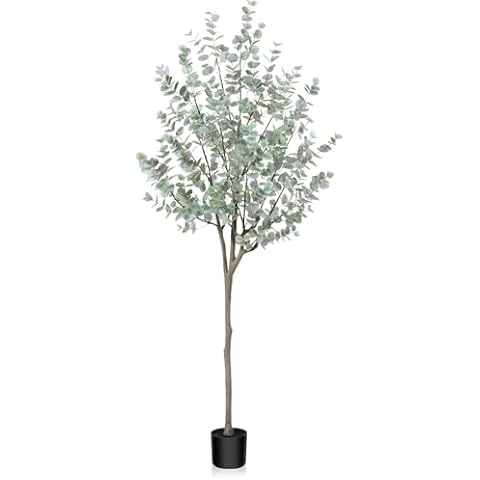 SOGUYI 6ft Artificial Eucalyptus Tree, Fake Eucalyptus Tree with White Silver Dollar Leaves, Silk Faux Eucalyptus Tree with Plastic Nursery Pot, Artificial Plants for Home Office Indoor Decor,1 Pack Cover