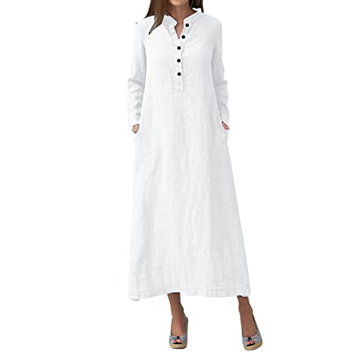 Leinenkleid Damen Lang -Maxikleid Damen Elegant,Lange Kleider Damen Langarm Hemdkleid mit Stehkragen Knopfleiste Shirtkleider Freizeitkleid Baumwolle...