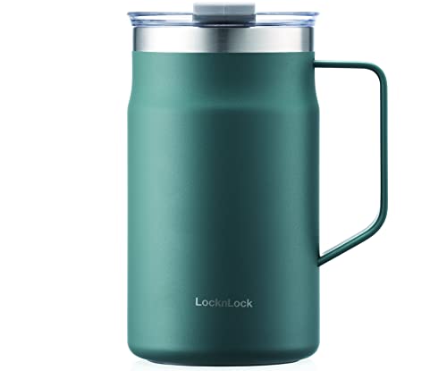 LocknLock Metro Mug, Premium 18/8 Stainless Steel Metal, Double Wall Insulated, Portable Coffee Cup with Lid and Handle for Hot and Cold Drinks, Dark Green, 20 oz