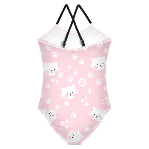 CaTaKu Girls One Piece Swimsuits Cat Paws Floral Prints Toddler Bathing Suit for Girls Kids Swimwear 3-10 Years2