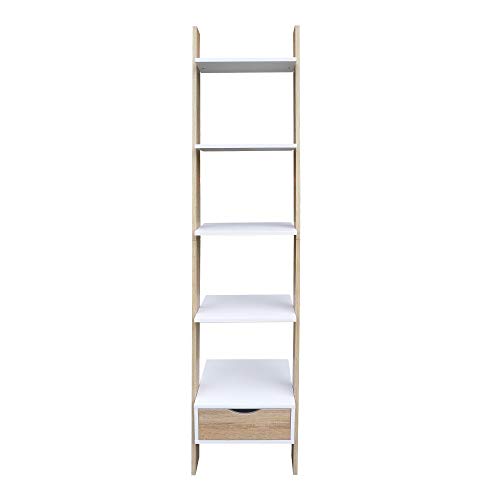 RAAMZO Two-Tone White and Oak Finish 5 Tier Bookcase Shelf Ladder Leaning with Drawer - 74