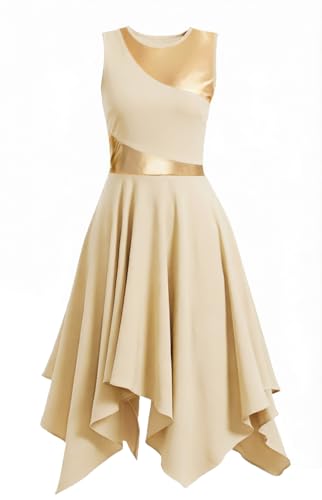 ORIDOOR Womens Praise Dance Dress with Sleeveless Metal Blocks an Irregular Hem Lyrical Worship Dance Costume 06-Ivory Color Medium