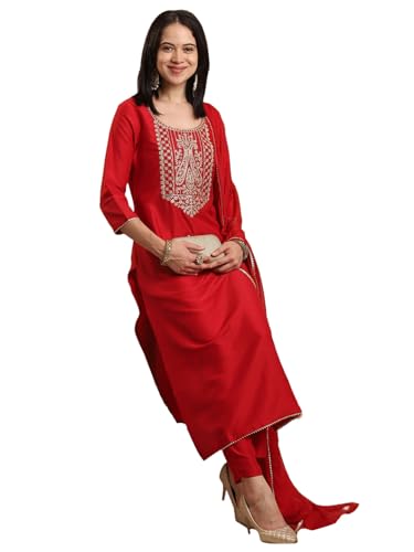 Image of GoSriKi Women's Rayon Blend Straight Embroidered Kurta with Pant & Dupatta