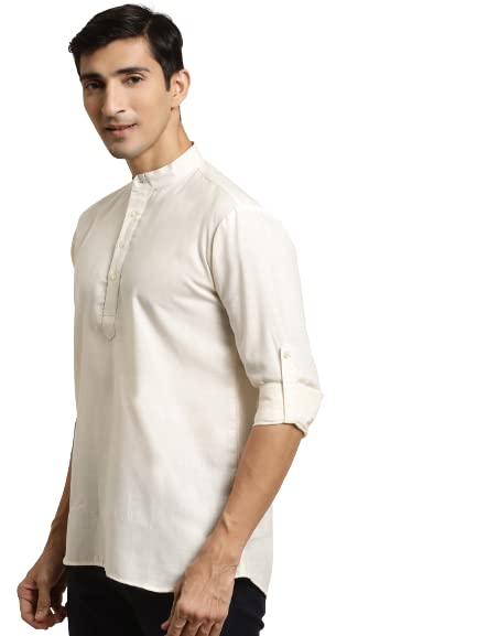 Image of SOJANYA (Since 1958, Men's Cotton Cream Solid Short Kurta