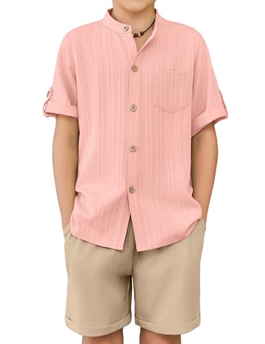 Image of Arshiner Boy's 2 Piece Beach Outfit Short Sleeve Textured Button Down Shirt and Short Sets Summer Vacation Wear 4-12 Years