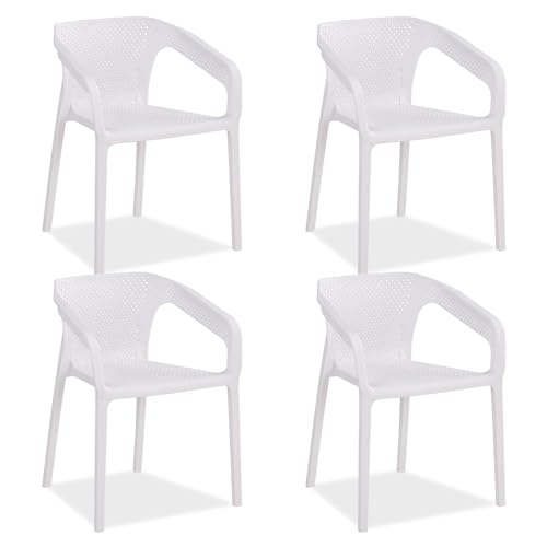 Homestyle4u Lot de 4 chaises de jardin empilables en plastique blanc avec accoudoirs, résistantes aux intempéries, chaises de jardin modernes