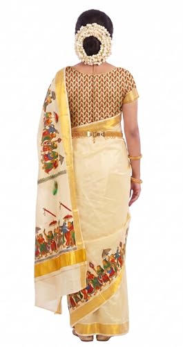 Image of Women's Mural Printed Kerala Gold Tissue Saree with Running Blouse Piece | Traditional South Indian Ethnic Saree for Festivals, Weddings & Special Occasions