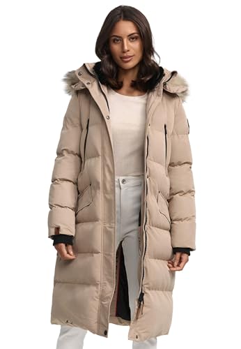 MARIKOO lange Damen Winterjacke warmer Parka gesteppt mit Kapuze B890 [B890-Schneestern-Taupe-Gr.M]