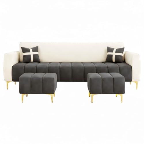 Image of Melody 3 Seater Modular L Shape Sofa Set with 2 Ottoman | Soft Velvet Upholstery, Sturdy Wooden Frame | Modern Sofa for Living Room, Hall & Office Spaces (Cream-Dark Grey)